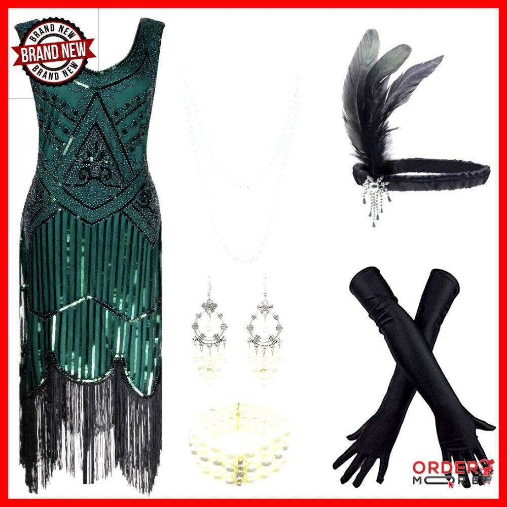 1920s Flapper Sequin Cocktail Dress Set with Accessories